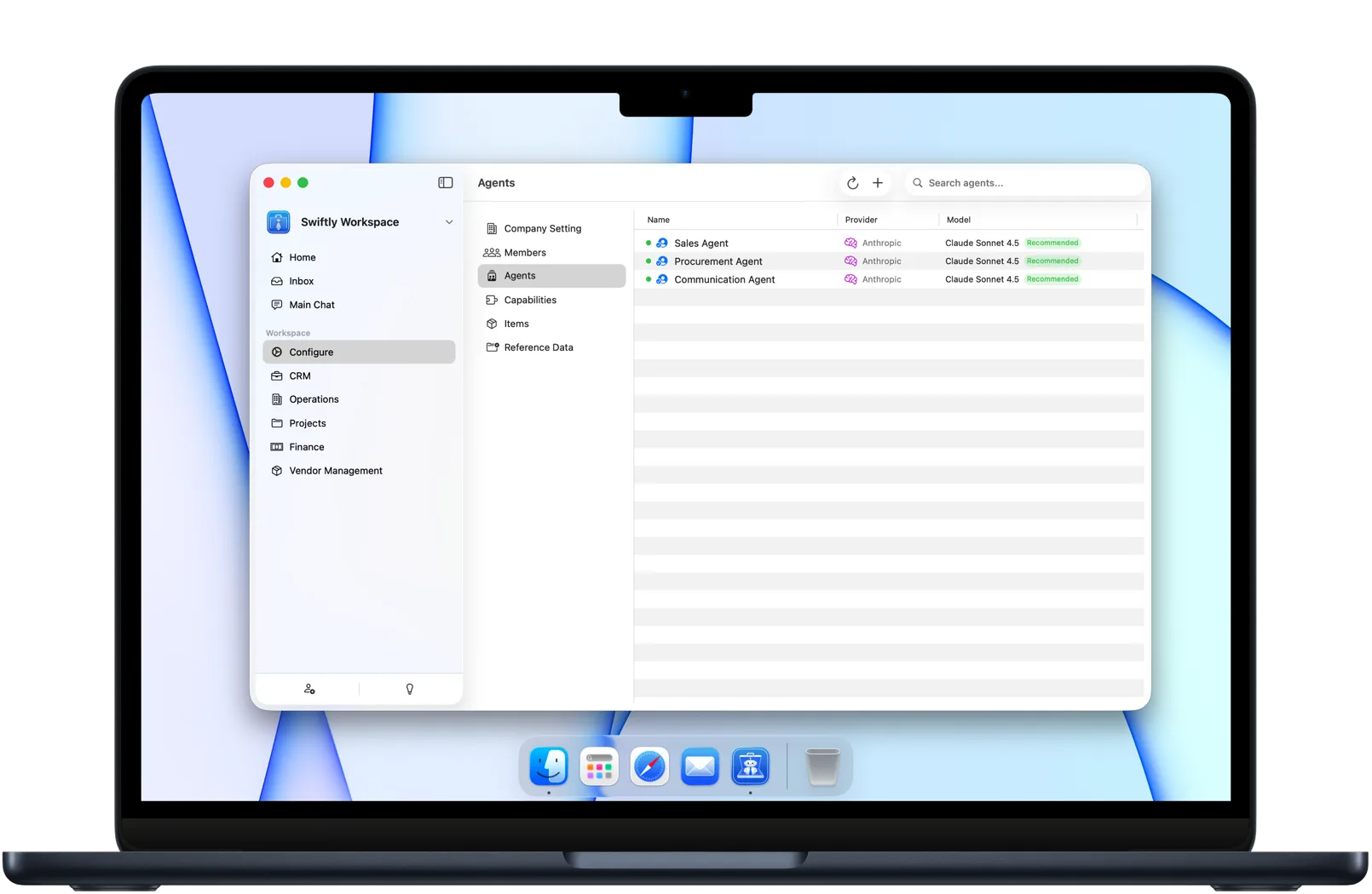 The AI agents window with configurable per-agent tools