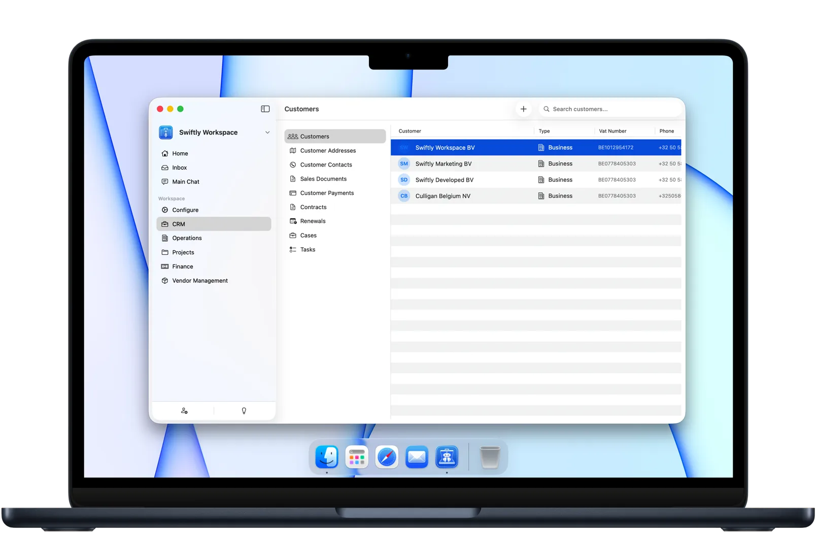 The customers list in Swiftly Workspace for Mac, with search and toolbar