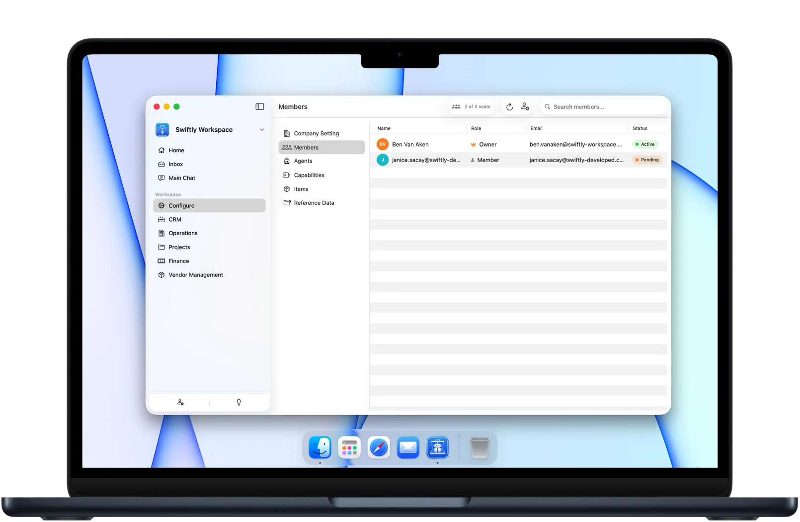The user administration window with member roles
